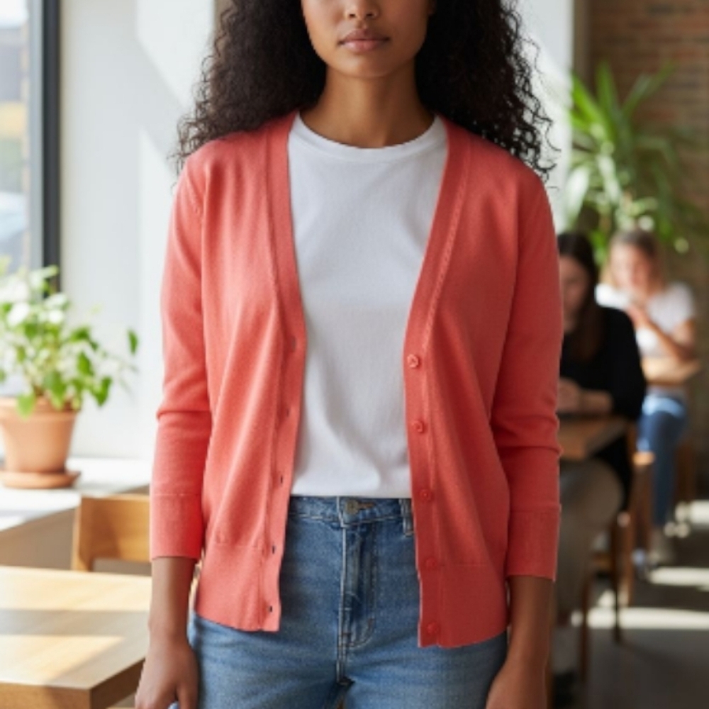 EUC ANN TAYLOR LOFT Sz. S Salmon Pink 3/4 Sleeve Cardigan Sweater